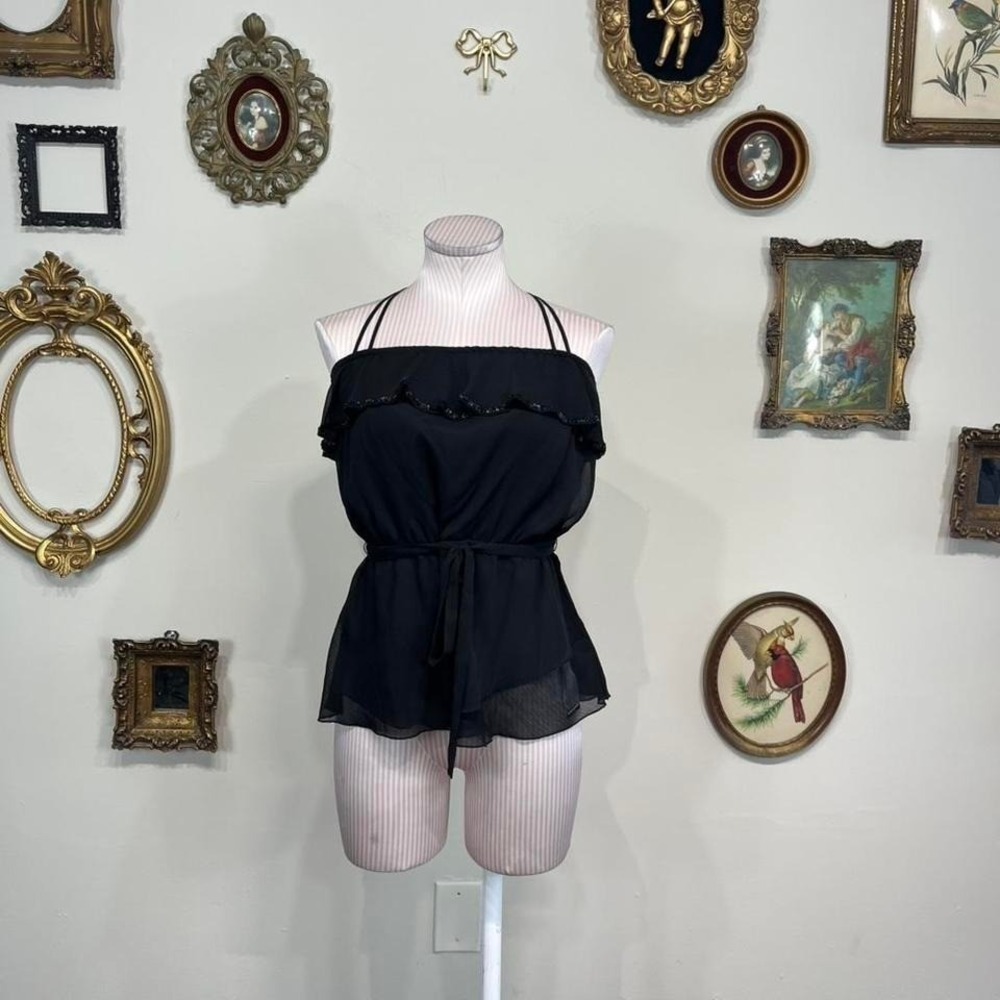 Vintage Guess Black Sheer Chiffon Babydoll Top‎ Y2K Beaded Ruffle Size M
